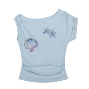 Seashell And Starfish Pattern T-Shirt — Light Blue