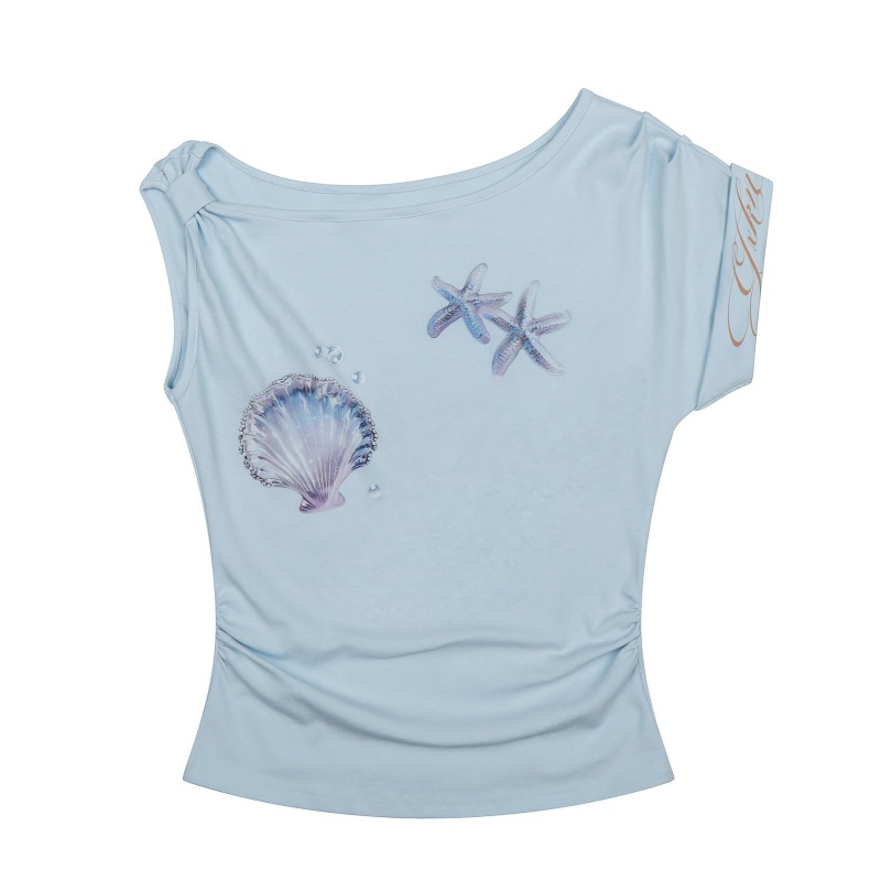 Seashell And Starfish Pattern T-Shirt — Light Blue