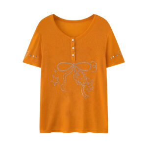 Bowknot & Rhinestone Embroidery T-Shirt — Orange